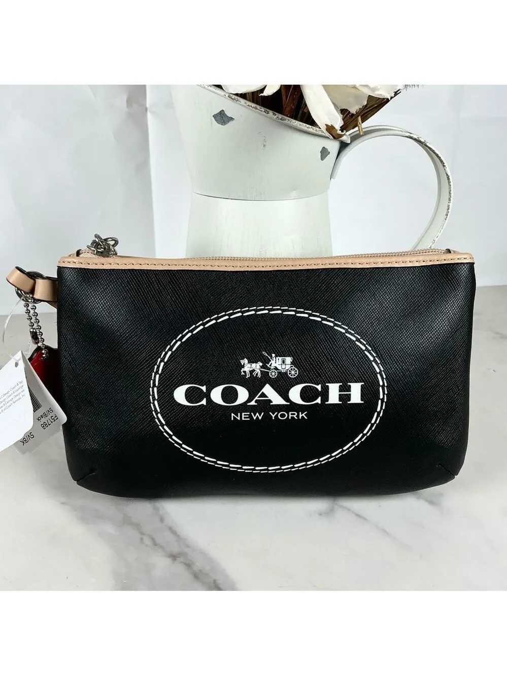 New Coach Horse And Carriage Black Leather Wristlet Bag Tan Trim Wallet‎